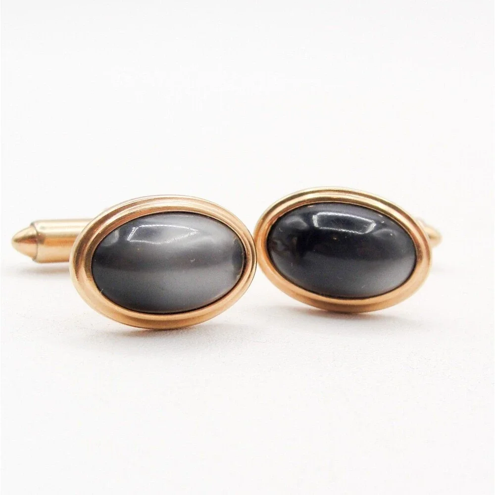 Vintage Krementz Gold Overlay Hematite Cufflinks Oval Cabochon Grey Stone MCM